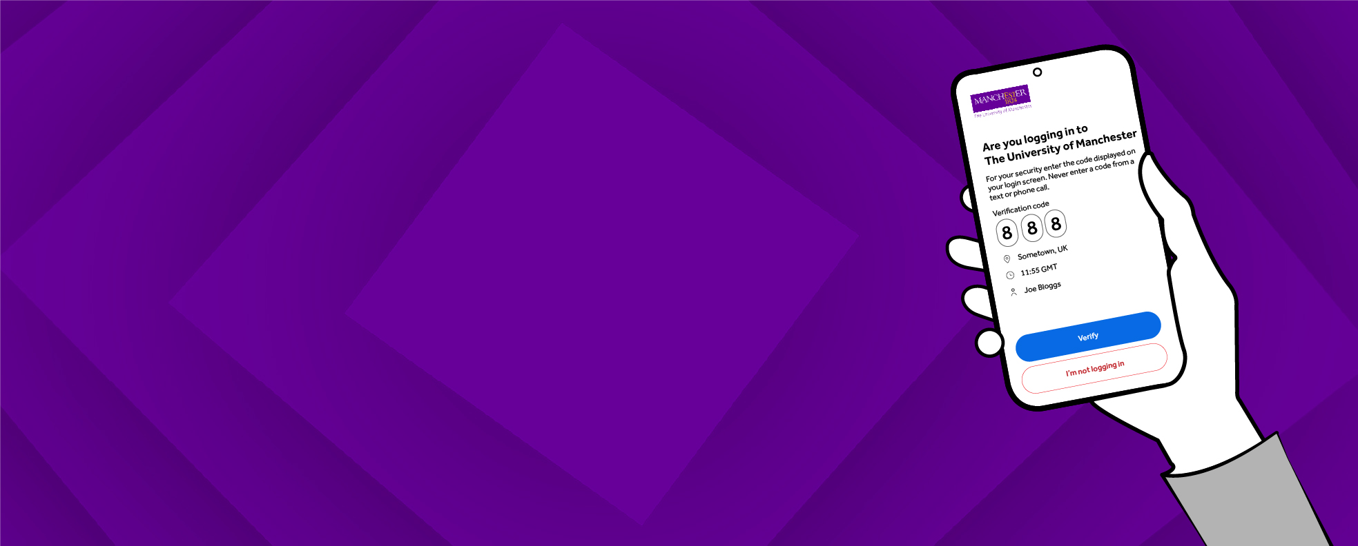 A graphic holding a phone with Duo app visible on purple background